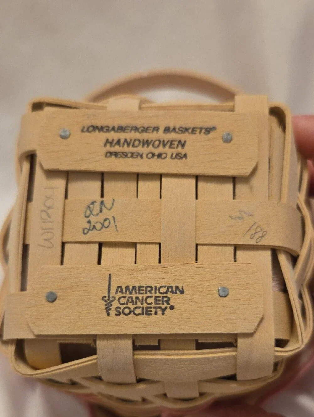Pink Trim Woven Basket with 'Hope' Charm Longaberger